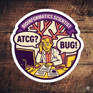May include: A circular sticker featuring a cartoon bioinformatics scientist at a desk with a computer, papers, and a purple banner reading BIOINFORMATICS SCIENTIST. Speech bubbles contain the text ATCG? and BUG! with a yellow, purple, and cream color palette.