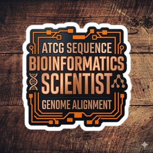 Op de afbeelding: Een vierkante sticker met een zwarte achtergrond en een oranje printplaatrand. De tekst luidt ATCG SEQUENCE, BIOINFORMATICS, SCIENTIST en GENOME ALIGNMENT in het oranje. Een DNA-dubbelhelixpictogram en een boomdiagram staan aan de zijkanten.