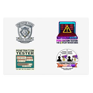 Puede incluir: Cuatro pegatinas con temas de ciberseguridad. Una presenta un escudo con "PENETRATION TESTER" y "GOOGLE HACKING CERTIFIED". Otra muestra una pantalla de ordenador con "VULNERABILITY DETECTED". La tercera tiene una barra de progreso.