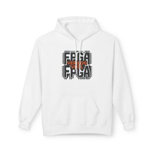 May include: A white hooded sweatshirt featuring a central graphic design of a black integrated circuit outline with the text FPGA in bold black letters and the words VERILOG VHDL in orange letters stacked in the center of the chip illustration.