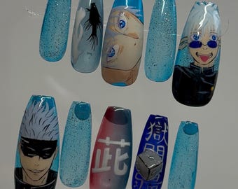 Gojo Satoru, 五条悟 Uñas prensadas hechas a mano de Jujutsu kaisen: diseños de personajes personalizables, detalles con brillo　呪術廻戦　ハンドメイドネイル