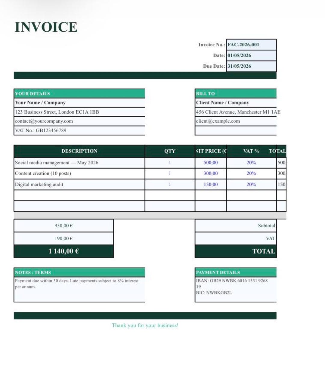 Professional Invoice Excel Template | Freelance Billing | Small ...