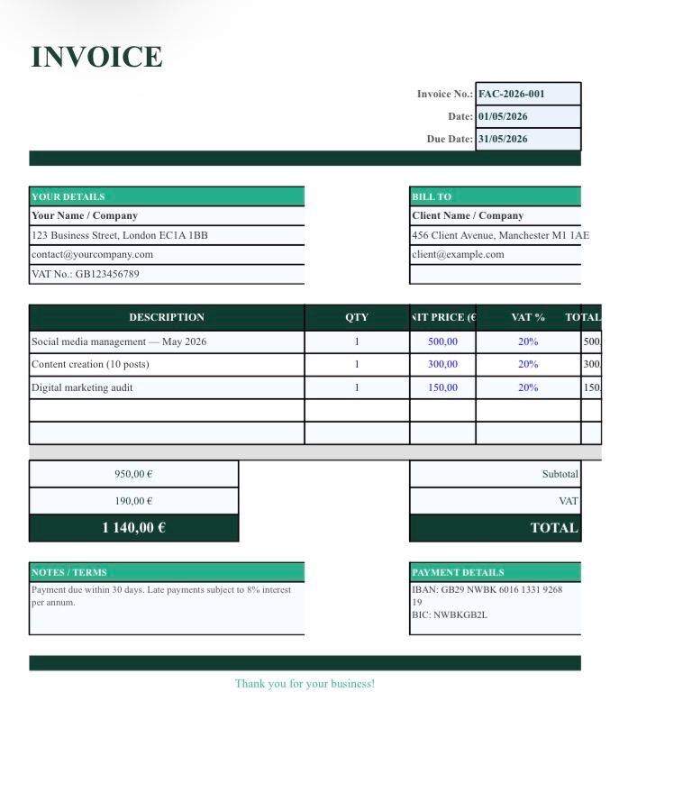 Professional Invoice Excel Template | Freelance Billing | Small ...