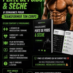 Könnte beinhalten: Werbung für ein Fitnessprogramm mit dem Titel "PROGRAMME PERTE DE POIDS & SÈCHE". Das Bild zeigt einen muskulösen Mann und ein Buch mit Programmdetails. Das Programm verspricht eine Transformation in 8 Wochen.