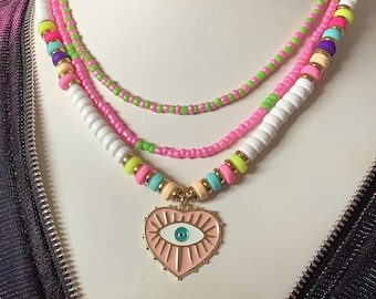 Triple Layer evil eye heart & Bead Necklace Set