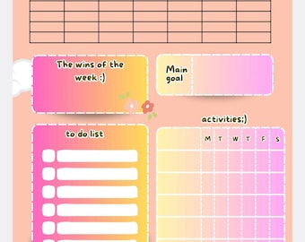 Agenda settimanale colorata e graziosa, stampabile, con effetto sfumato pastello, per la lista delle cose da fare e il monitoraggio degli obiettivi di produttività, formato PDF A4.