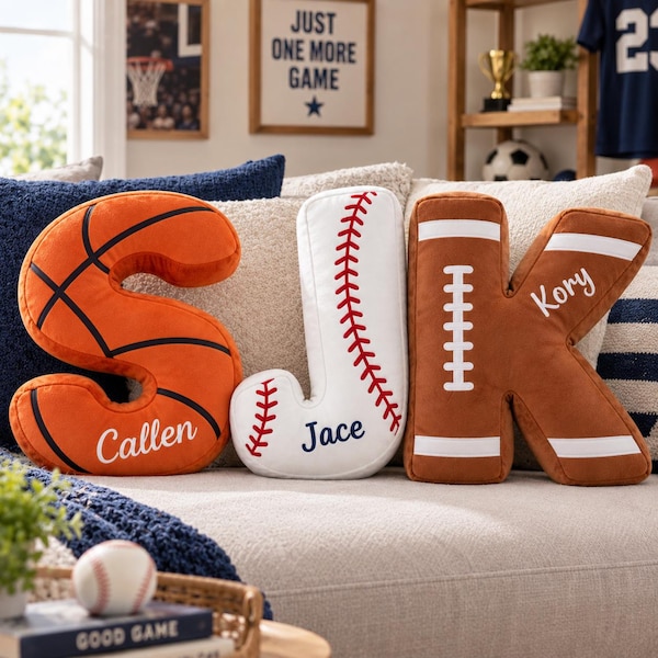 Personalized Sports Letter Pillow, Custom Name Initial Pillow, Football Baseball Basketball Pillow, Kids Sports Room Decor, Sports Gift