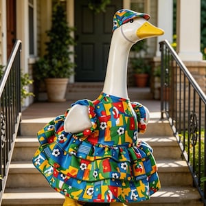 Op de afbeelding: Een grillig ganzenbeeld met een kleurrijke outfit. De gans draagt een patroonjurk, een bijpassende pet en gele laarzen. De jurk heeft voetballen, vlaggen en geometrische vormen in rood, blauw, geel en groen.