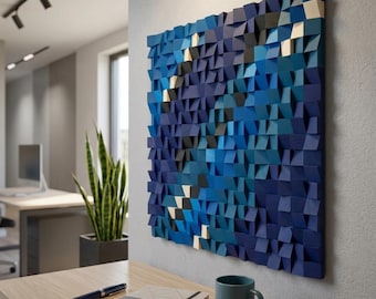 3D Blue Wood Wall Art, Acoustic Sound Diffuser Panel, Geometric Mosaic Sculpture, Large Modern Living Room Hanging Decor