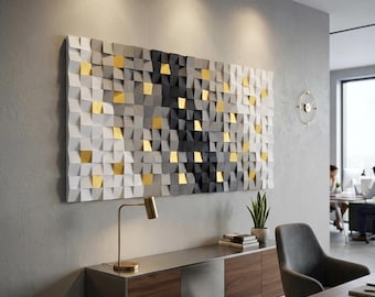 Horizontal Wood Acoustic Wall Panel, Textured Mosaic Home Decor, 3D Sound Absorbing Art, New Office Gifts