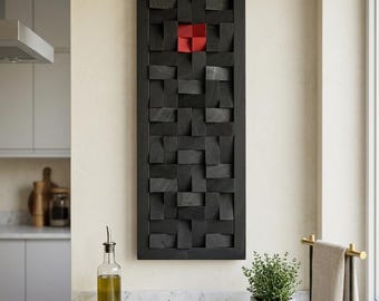 Pionowy panel ścienny akustyczny, geometryczna sztuka drewna, czarna mozaika z drewna