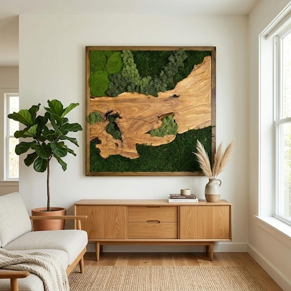 Olive Wood and Preserved Moss Wall Art, Unique Home Decor, Retirement Gift For Women