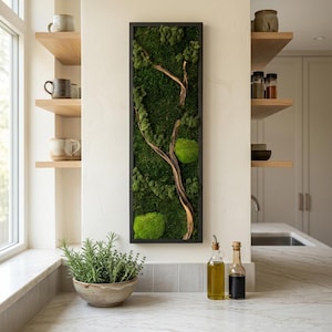 May include: A rectangular wall art piece featuring a black frame filled with preserved green moss and a central piece of light brown driftwood. The moss displays various shades of green, including deep forest tones and bright, rounded moss clusters.