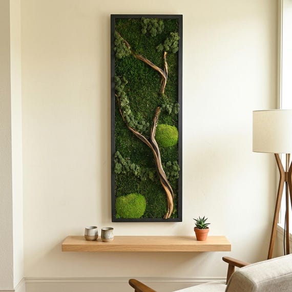 Vertical Preserved Moss And Driftwood Wall Art, Unique Apartment Decor, Gifts For Sister