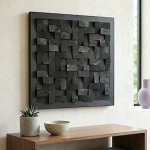 Svart fyrkantig akustikpanel, texturerad heminredning, 3D geometrisk ljuddiffusor, mosaikträväggkonst