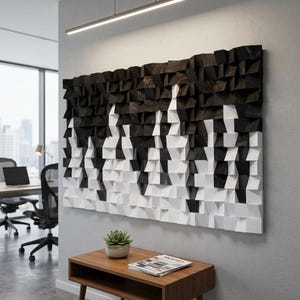 May include: A large rectangular wall art piece composed of numerous small, protruding wooden blocks arranged in a gradient pattern. The top section features dark black blocks, transitioning into a mix of black and white, ending in white blocks.