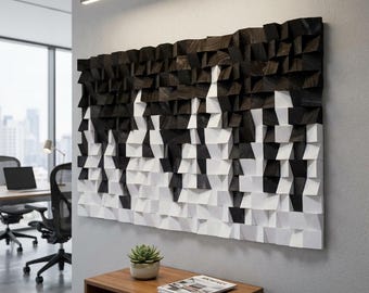 Black White Wood Wall Art, 3D Geometric Acoustic Panel, Textured Modern Decor, Large Wooden Sculpture