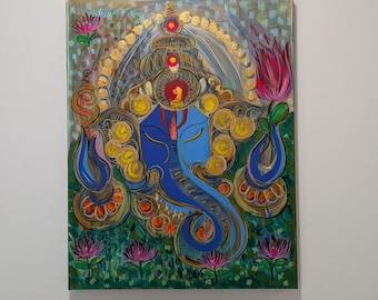 Neelkanth Suvarna Ganesha - Hand painted Acrylic painting of Ganesha (Elephant God)