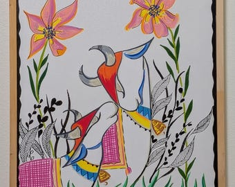Sacred companion - Hand painted Indian Folk Cow Art (Framed Original)