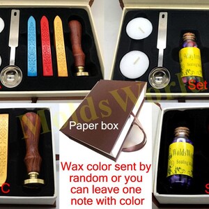 May include: Four sets of wax seal kits, each with a different combination of items. Set A includes a wooden handle, a metal spoon, two candles, and three wax sticks. Set B includes a wooden handle, a metal spoon, two candles, and a bottle of wax. Set C includes a wooden handle, two wax sticks, and a metal spoon. Set D includes a wooden handle and a bottle of wax. The wax color is sent by random or you can leave a note with your color preference.