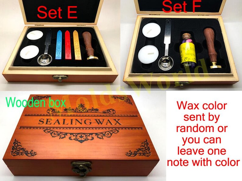 May include: Two wooden boxes with sets of wax sealing supplies. The top box is labeled "Set E" and contains a spoon, two candles, and four sticks of sealing wax. The bottom box is labeled "Set F" and contains a spoon, two candles, a bottle of wax beads, and a wooden handle with a metal stamp. The boxes are both labeled "Sealing Wax" on the front.