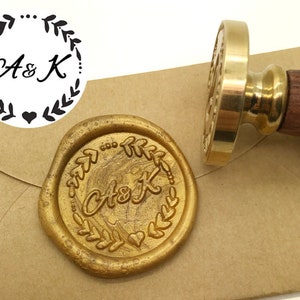 Personalized Leaves Wreath Initials Wax Seal Stamp - Custom Wedding Wax Stamp - Invitation Wax Seal Stamp - Wax Seal Kit - Custom Wax Stamp