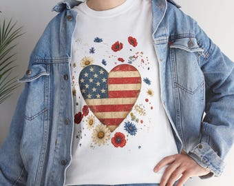 American Flag Heart T-Shirt | Patriotic Heart with Floral Accent
