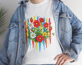 Red Poppy and Daisies Bouquet T-Shirt | Colorful Paint Drip Floral Tee