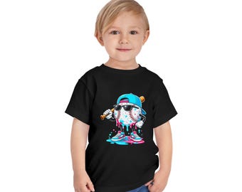 Dripping Baseball Character Toddler Tee | Cartoon Bat Sunglasses Print
