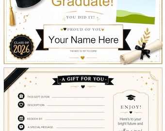 Editable Graduation Gift Certificate Template, Class of 2026 (Digital Download)