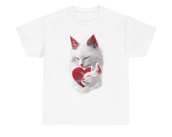 White Cats Heart Illustration T-Shirt | Soft Cotton Wearable Art