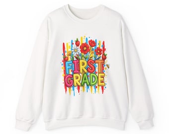 First Grade Colorful Floral Letters crewneck | School Teacher Sweatshirt