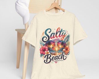 Salty Beach sunset hibiscus design T-Shirt | tropical palm sunset vibes
