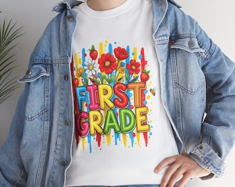 First Grade Colorful Crayon Flowers T-Shirt | Back to School Tee