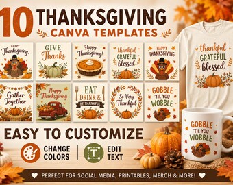 Bearbeitbares Thanksgiving Canva Vorlagen Bundle, Herbst Shirt Designs (Digitaler Download)