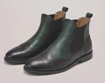 Handmade Green Black Leather Brogue Chelsea Boots, Ankle Boots