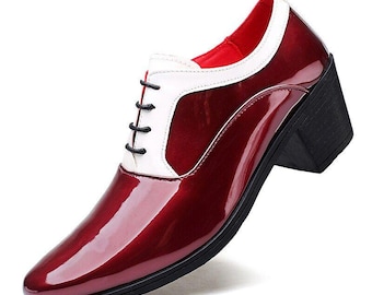 Handmade Men's Red and White  Patent Leather Cuban Heel Oxford Shoes,