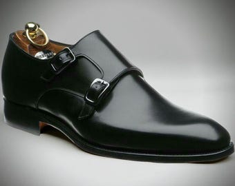 Handgefertigte Herren Schwarz Echtleder Doppel Monk Strap Kleid Schuhe.