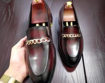 Handmade Men's Burgundy  Genuine Leather Chain Loafers .
