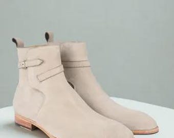Botas de cano curto masculinas feitas à mão em couro genuíno com zíper lateral.