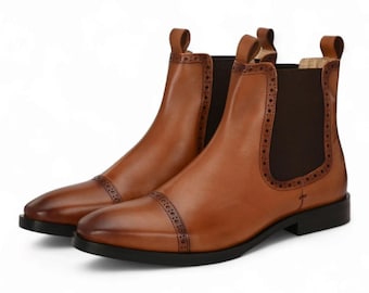 Botines Chelsea de cuero marrón claro con puntera reforzada para hombre, hechos a mano.
