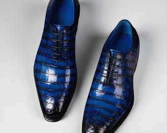 Handmade Men's Blue Leather Derby Lace_Up Dress Shoes.