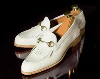 New Men's Handmade Genuine White Leather Fringed Moccasin Formal Fashion Shoes