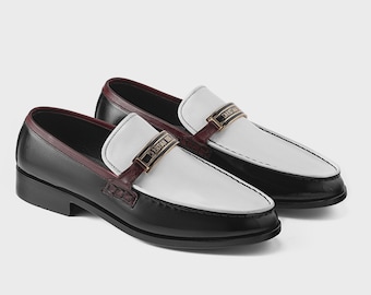 Handmade Men’s Two Tone Black White Loafers Slip On Formal Dress Shoes .