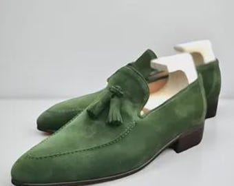 Handmade Men's Green Suede Tassel Loafers.