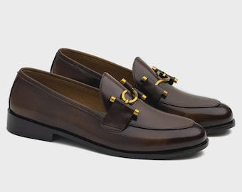 Handmade Brown Suede Leather Loafer Shoes with Hook Buckle .