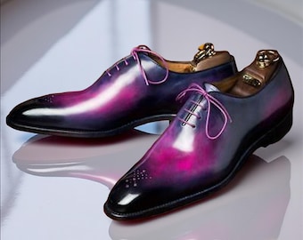 Handmade  Men's Two-Tone Patina Leather Brogue Oxford Shoes.