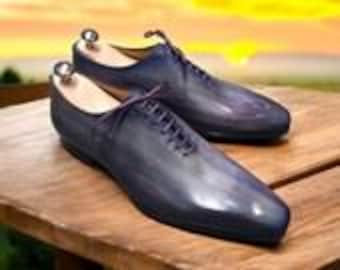 Zapatos de vestir Oxford de cuero gris y morado con cordones, nuevos, hechos a mano para hombre.