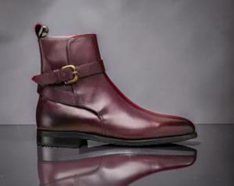 Botines de cuero genuino color granate para hombre, hechos a mano.