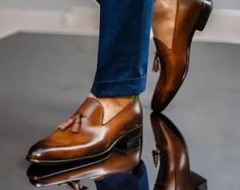 Handmade Men's Brown Genuine Leather Tassel Loafer.
